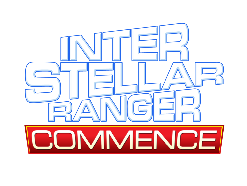 The logo for Interstellar Ranger Commence, featuring bold, angular white text "Interstellar Ranger" outlined in blue, stacked over a red banner with the word "Commence" in white.