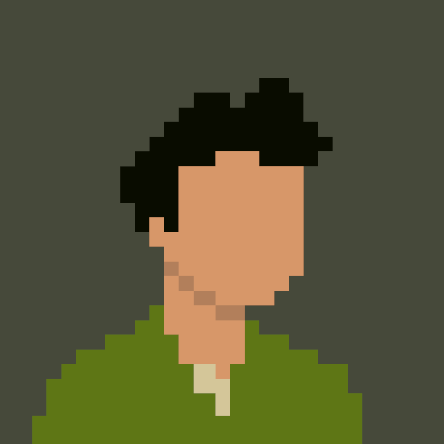 Pixel art avatar of a person with short black hair, wearing a green shirt, and facing to the side on a gray background